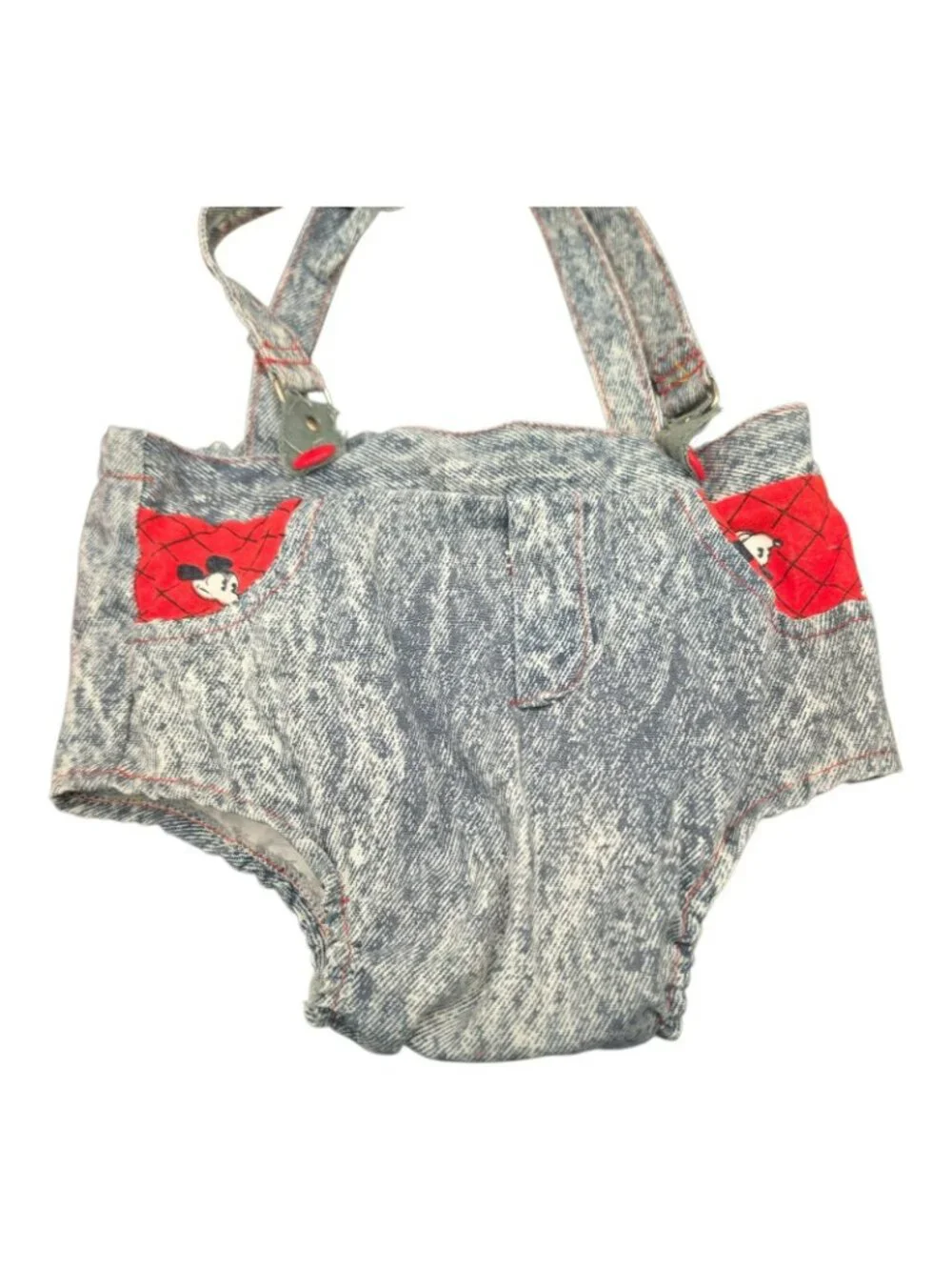 Vintage Disney Kids Baby Mickey Mouse Red Shirt Denim Overalls Newborn to 6 Mos